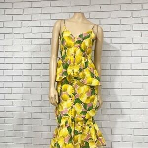 Farm Rio Fresh Lemons Autumn Wedding Guest Ruffle Midi Dress NWT S